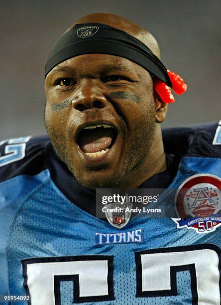 Keith Bulluck of the Tennessee Titans looks on during the NFL game against the Indianapolis Colts at LP Field on October 11, 2009 in Nashville,...