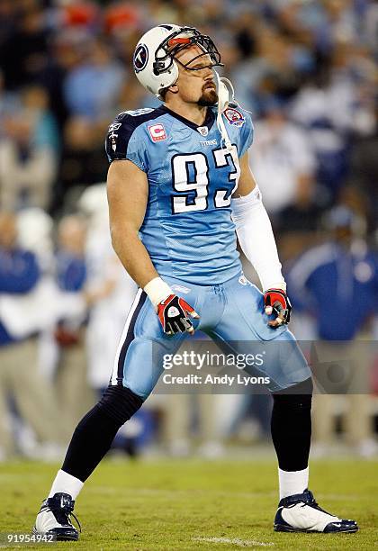 Kyle Vanden Bosch of the Tennessee Titans looks on during the NFL game against the Indianapolis Colts at LP Field on October 11, 2009 in Nashville,...