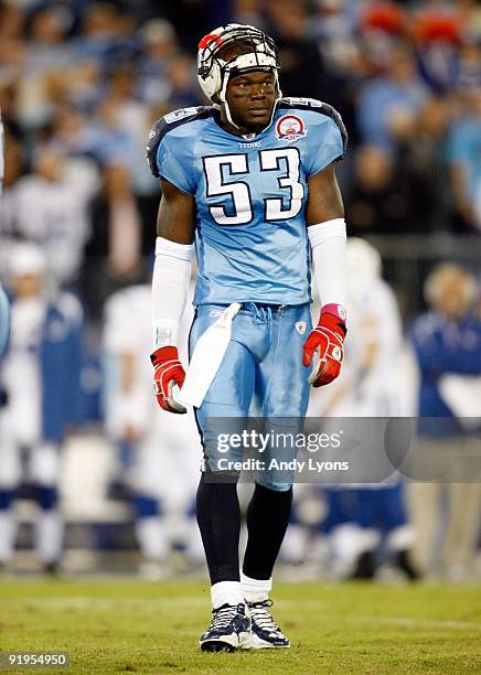 Keith Bulluck of the Tennessee Titans looks on during the NFL game against the Indianapolis Colts at LP Field on October 11, 2009 in Nashville,...