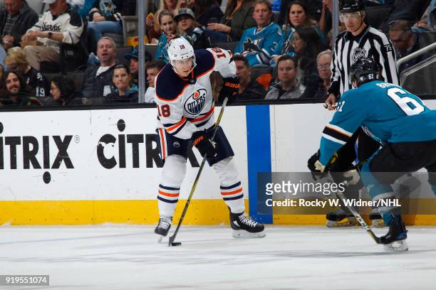 Ryan Strome of the Edmonton Oilers skates with the puck against the San Jose Sharks at SAP Center on February 10, 2018 in San Jose, California.
