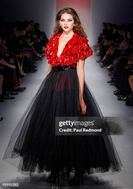 Model walks the runway at the Downtown LA Fashion Week Spring 2010 - Vintage Valentino at The Geffen Contemporary at MOCA on October 15, 2009 in Los...