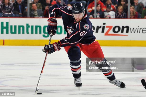 Left wing Rick Nash of the Columbus Blue Jackets skates against the Calgary Flames on October 13, 2009 at Nationwide Arena in Columbus, Ohio. The...