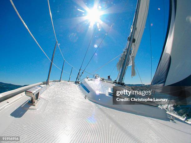 view from a deck on board a yacht cruising in pittwater on the north shore from sydney, australia. - pittwater stock pictures, royalty-free photos & images