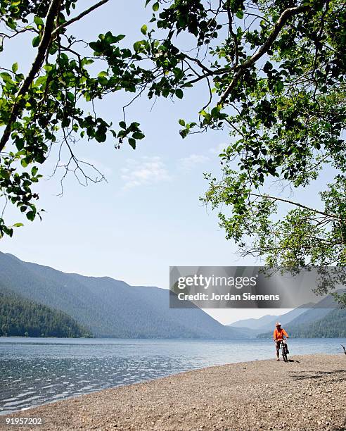 a mountain biker enjoying views of the lake and hillsides covered in trees. - lago crescent fotografías e imágenes de stock