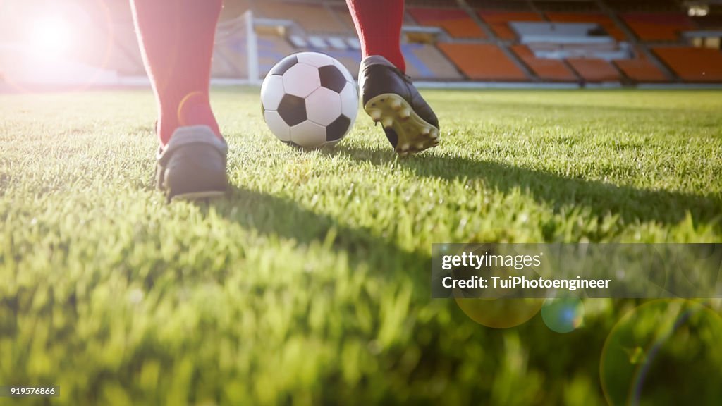 Soccer or football player standing with ball on the field for Kick the soccer ball at football stadium