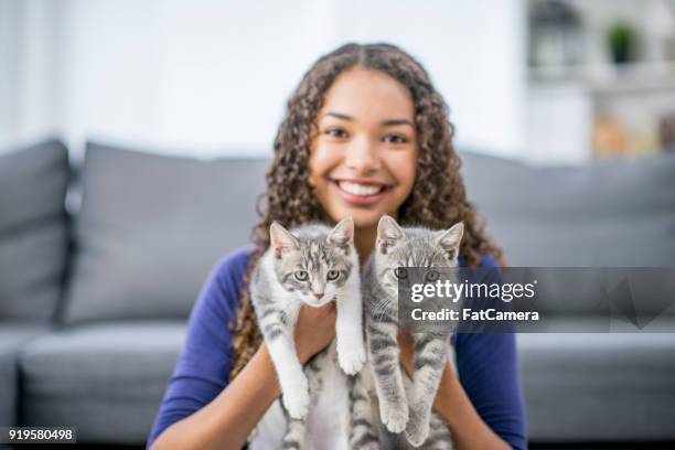 teen with two kittens - kitten stock pictures, royalty-free photos & images