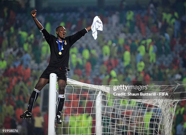 Ghana goalkeeper Daniel Agyei celebrates at the end of the FIFA U20 World Final match between Ghana and Brazil at the Cairo International Stadium on...