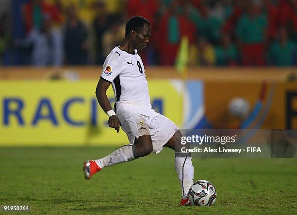 Emmanuel Agyemang-Badu of Ghana scores the winning penalty during a penalty shoot out against Brazil in the FIFA U20 World Cup Final between Ghana...