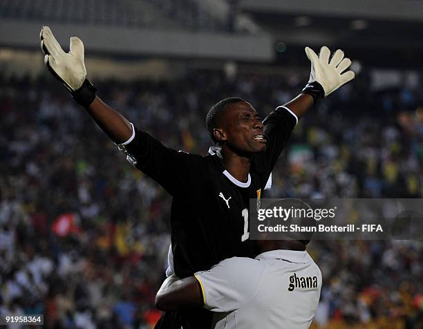 Ghana goalkeeper Daniel Agyei celebrates at the end of the FIFA U20 World Final match between Ghana and Brazil at the Cairo International Stadium on...