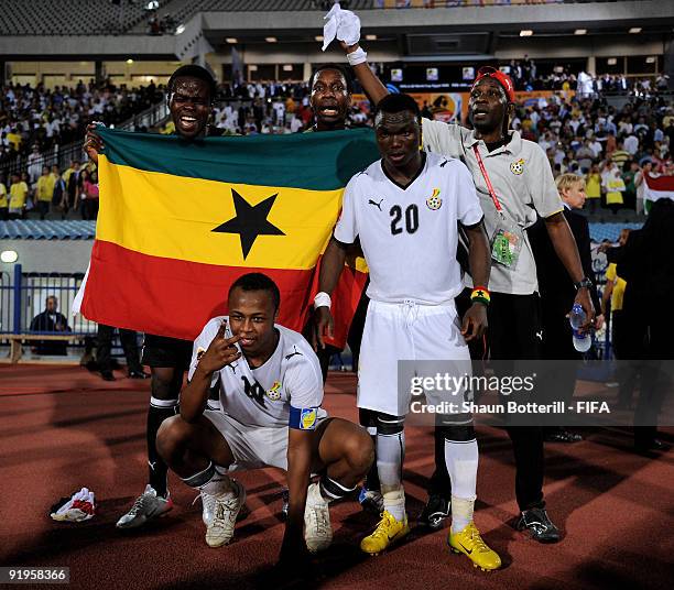 Ghana captain Andre Ayew and Dominic Adiyiah celebrate at the end of the FIFA U20 World Final match between Ghana and Brazil at the Cairo...