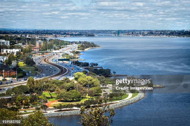 Cityscape and Swan River view from Kings Park, Perth, Western Australia, Australia