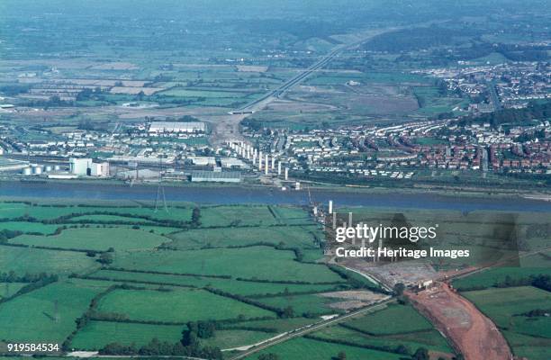 Avonmouth Bridge under construction, Shirehampton, Bristol, 1970. This view shows work underway on construction for the M5 motorway. Work started in...