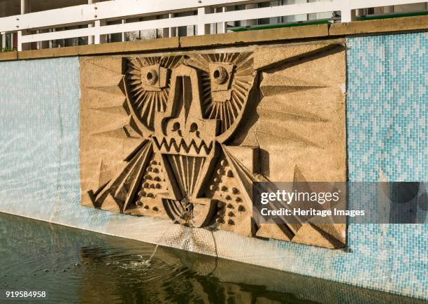 Relief/mosaic by William Mitchell, the Water Gardens, Harlow, Essex, 2015. Detail view from the south-east of relief/mosaic No 4, one of a series of...