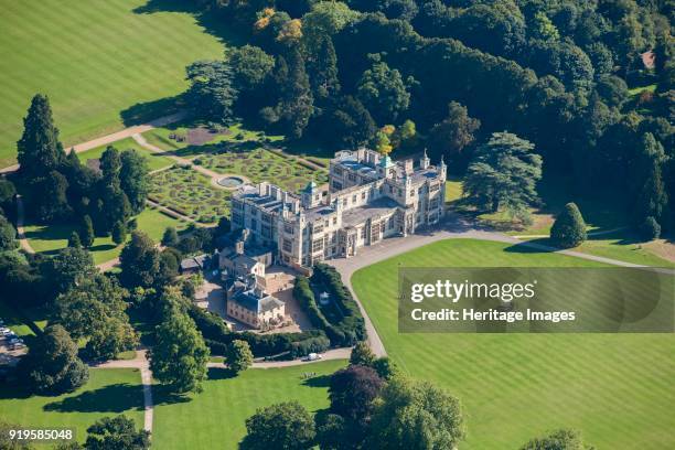 Audley End House and Gardens, Saffron Walden, Essex, circa 2010s. Aerial view of the grounds showing the house, service wing, parterre and parkland.