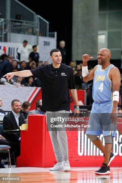 Larry Nance Jr. #24 of the Cleveland Cavaliers coaches Horace Grant during the NBA Cares Unified Basketball Game as part of 2018 NBA All-Star Weekend...