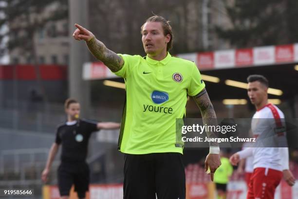 Manuel Schaeffler of Wiesbaden gestures during the 3. Liga match between SC Fortuna Koeln and SV Wehen Wiesbaden at Suedstadion on February 17, 2018...