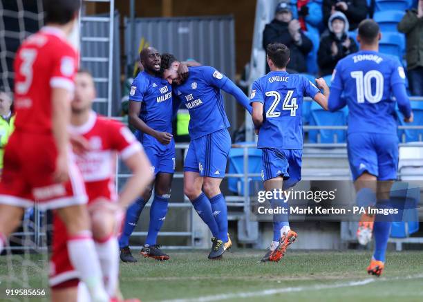 Cardiff City's Souleymane Bamba and Sean Morrison celebrate Morrison's first goal of the game during the Sky Bet Championship match at The Cardiff...