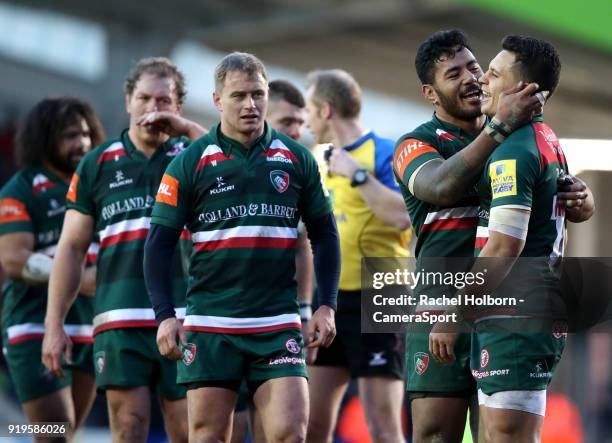 Leicester Tigers Manu Tuilagi and Matt Toomau during the Aviva Premiership match between Leicester Tigers and Harlequins at Welford Road on February...