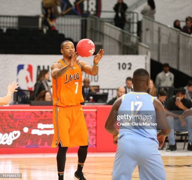 Former NBA player Rashard Lewis passes during the 2018 NBA Cares Unified Basketball Game as part of 2018 NBA All-Star Weekend on February 17, 2018 at...