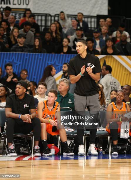 Jayson Tatum of the Boston Celtics cheers during the 2018 NBA Cares Unified Basketball Game as part of 2018 NBA All-Star Weekend on February 17, 2018...