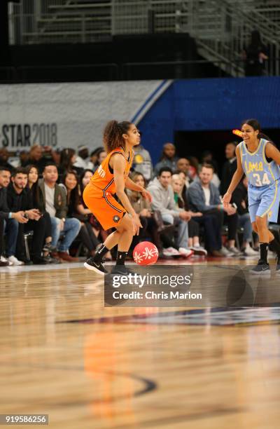 Skylar Diggins of the Dallas Wings dribbles during the 2018 NBA Cares Unified Basketball Game as part of 2018 NBA All-Star Weekend on February 17,...