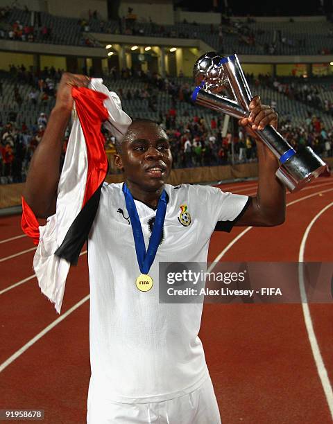 Opoku Agyemang of Ghana celebrates with the FIFA U20 World Cup after victory over Brazil in the FIFA U20 World Cup Final between Ghana and Brazil at...