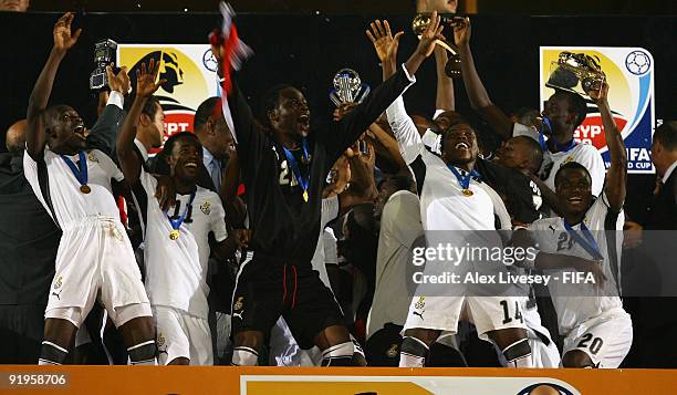 The Ghana players lift the FIFA U20 World Cup after victory over Brazil in the FIFA U20 World Cup Final between Ghana and Brazil at the Cairo...