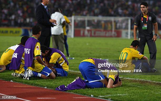 Brazil players look dejected after defeat to Ghana in the FIFA U20 World Cup Final between Ghana and Brazil at the Cairo International Stadium on...