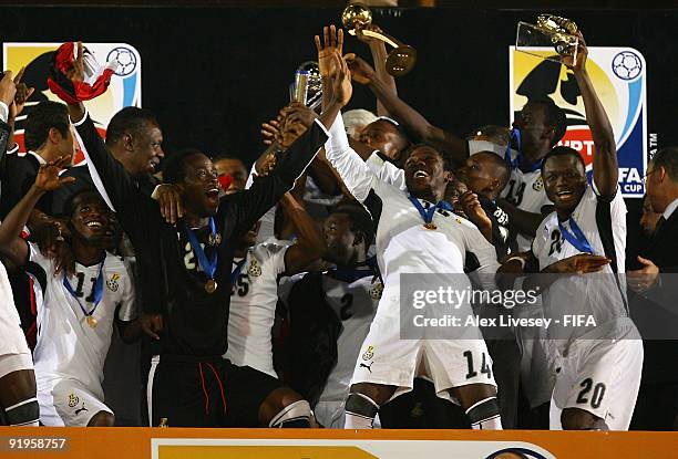 The Ghana players lift the FIFA U20 World Cup after victory over Brazil in the FIFA U20 World Cup Final between Ghana and Brazil at the Cairo...