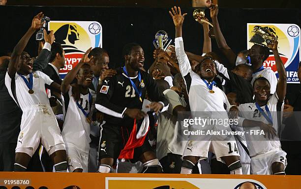 The Ghana players lift the FIFA U20 World Cup after victory over Brazil in the FIFA U20 World Cup Final between Ghana and Brazil at the Cairo...