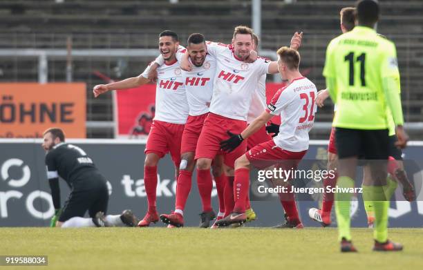 Hamdi Dahmani of Cologne , Daniel Keita-Ruel, Robin Scheu and Nico Brandenburger celebrate after scoring during the 3. Liga match between SC Fortuna...