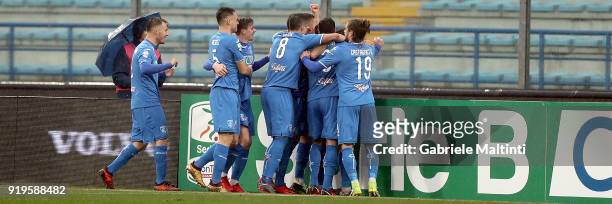 Empoli FC players celebrate a goal scored by Francesco Caputo during the serie B match between FC Empoli and Parma Calcio at Stadio Carlo Castellani...