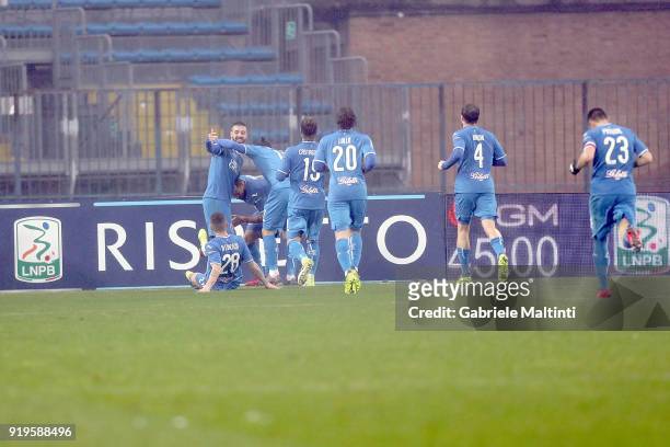 Empoli FC players celebrate a goal scored by Domenico Maietta during the serie B match between FC Empoli and Parma Calcio at Stadio Carlo Castellani...