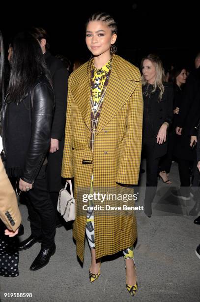 Zendaya wearing Burberry at the Burberry February 2018 show during London Fashion Week at Dimco Buildings on February 17, 2018 in London, England.