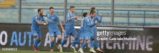 Empoli FC players celebrate a goal scored by Francesco Caputo during the serie B match between FC Empoli and Parma Calcio at Stadio Carlo Castellani...