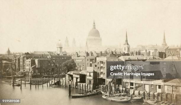 St Paul's Cathedral from Southwark Bridge, City of London, 1855-1859. This view of St Paul's Cathedral looming beyond the Thames-side wharves is an...