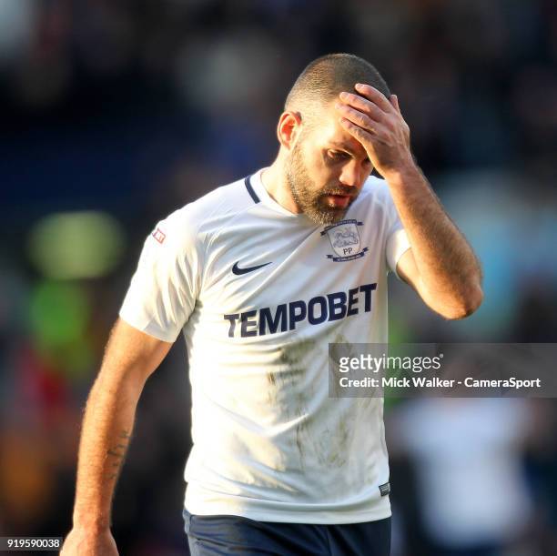 Preston North End's John Welsh leaves the pitch after being sent off during the Sky Bet Championship match between Preston North End and...