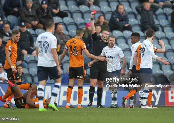 Preston North End's John Welsh is sent of by referee Robert Jones during the Sky Bet Championship match between Preston North End and Wolverhampton...