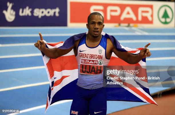 Chijindu Ujah of Great Britain celebrates winning the men's 60m final during day one of the SPAR British Athletics Indoor Championships at Arena...