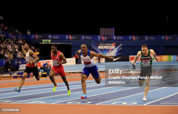 Chijindu Ujah of Great Britain wins the men's 60m final during day one of the SPAR British Athletics Indoor Championships at Arena Birmingham on...