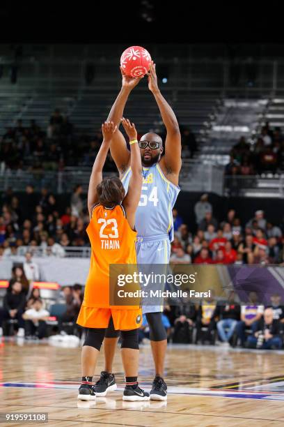 Horace Grant looks to pass the ball during the NBA Cares Unified Basketball Game as part of 2018 NBA All-Star Weekend at the Los Angeles Convention...