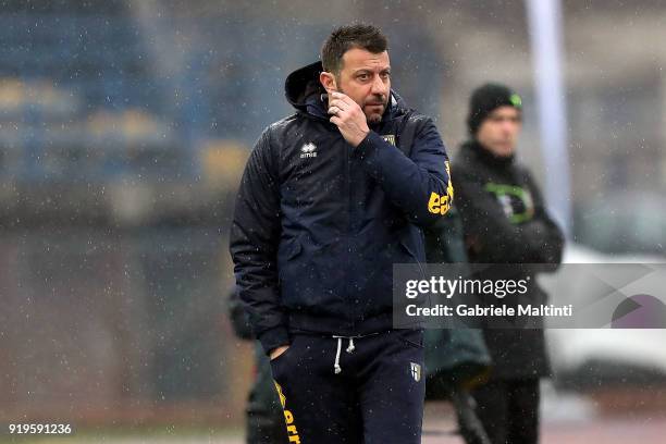 Roberto D'Aversa manager of Parma Calcio shouts instructions to his players during the serie B match between FC Empoli and Parma Calcio at Stadio...