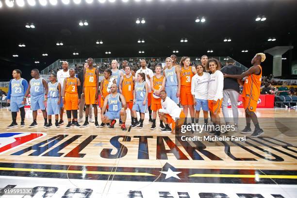 Team Stars and Team Gladiators pose for a group photo on the court after the NBA Cares Unified Basketball Game as part of 2018 NBA All-Star Weekend...