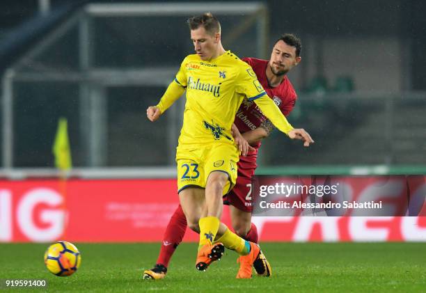 Valter Birsa AC Chievo Verona competes for the ball whit Artur Ionita of Cagliari Calcio during the serie A match between AC Chievo Verona and...