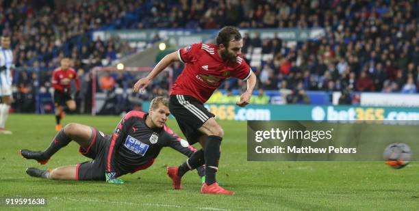 Juan Mata of Manchester United scores but his goal is ruled out by the VAR system for offside during the Emirates FA Cup Fifth Round match between...