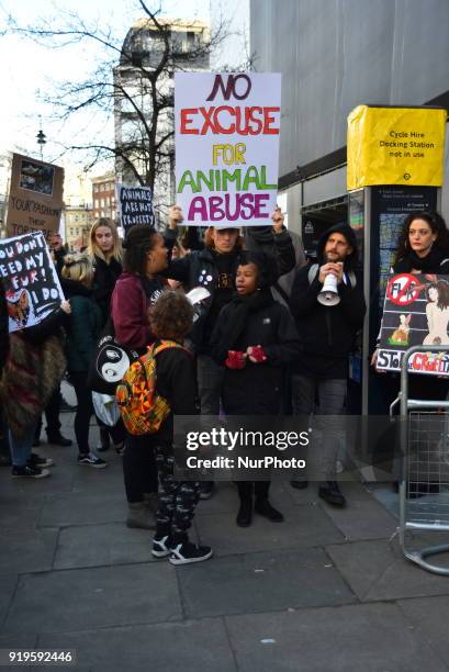 Animalists protest took place outside BFC Showspace against the use of animal products in fashion industry, London on February 17, 2018.