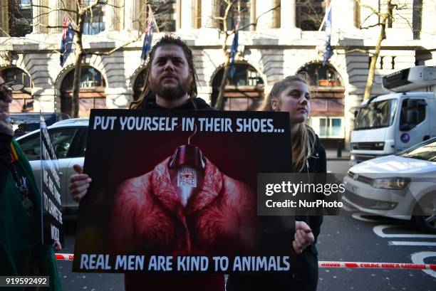 Animalists protest took place outside BFC Showspace against the use of animal products in fashion industry, London on February 17, 2018.