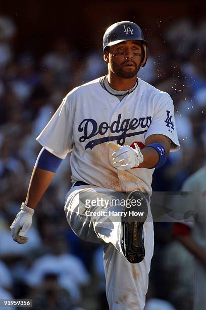 Matt Kemp of the Los Angeles Dodgers reacts after hitting a foul ball in the eighth inning againt the Philadelphia Phillies in Game Two of the NLCS...