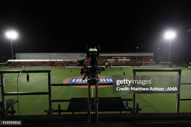 Television camera at Park Hall Stadium the home of The New Saints prior to the Irn Bru Cup Semi-Final match between The New Saints and Dumbarton at...