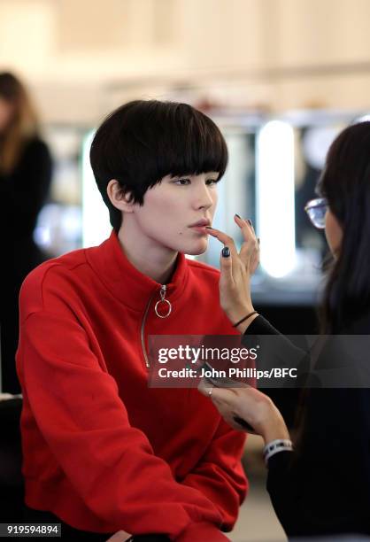 Model backstage ahead of the House of Holland show during London Fashion Week February 2018 at TopShop Show Space on February 17, 2018 in London,...